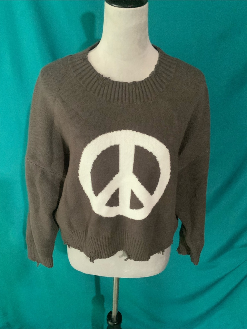 POL ‘Peace and Love’ Distressed Knit Bohemian Sweater, Cropped